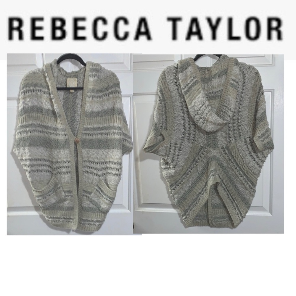 🦜 REBECCA TAYLOR Cozy Gray Beige Stripe Knit Short Sleeve Hoodie Cardigan XS / S